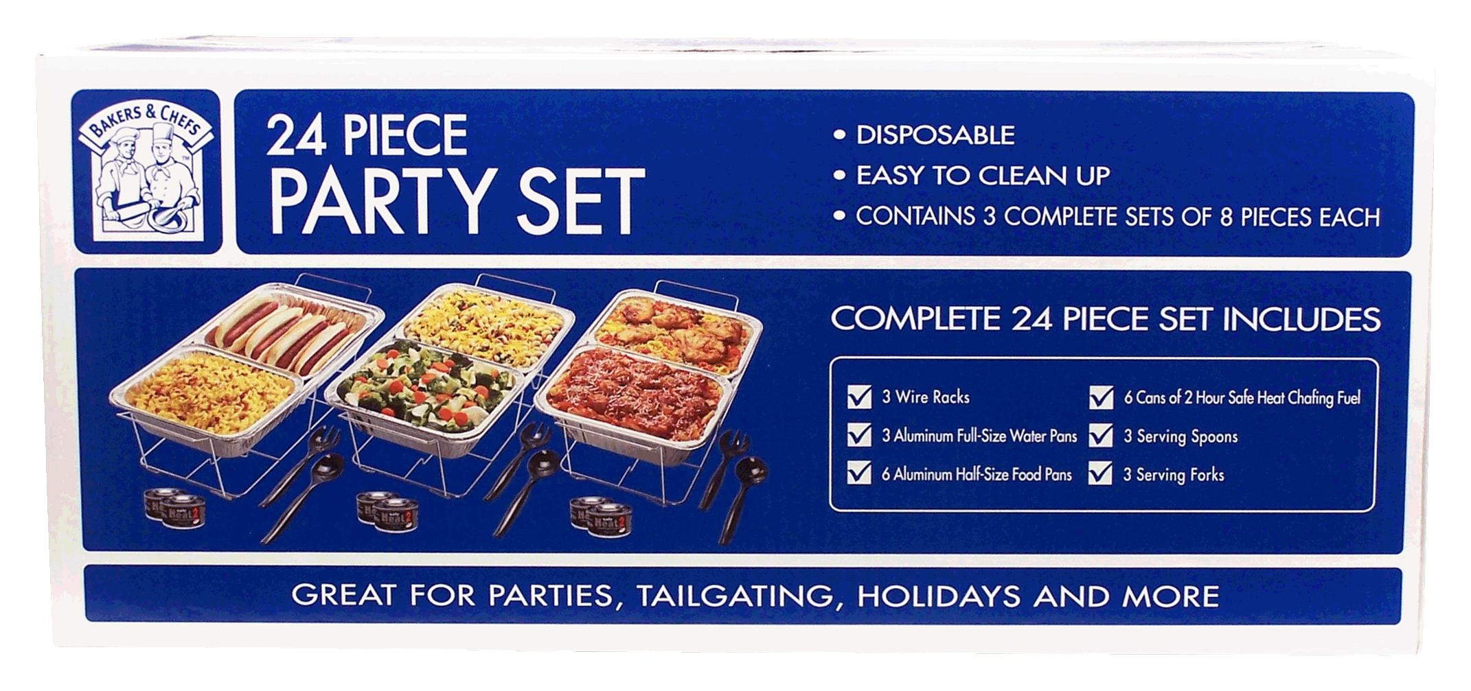 Bakers & Chefs  24 piece party set; 3 wire racks, 3 full-size pans, 6 half-size pans, 6 fuel, 3 spoons, 3 forks Full-Size Picture